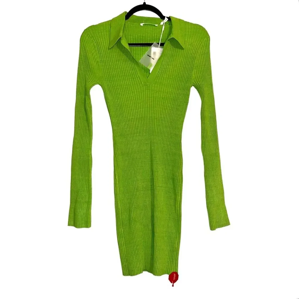 NWT Helmut Lang Marl Long Sleeve Ribbed Green Mini Dress in Lawn SMALL